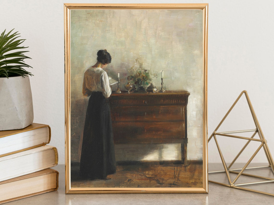Woman Reading by Candlelight Vintage Interior Moody Art Poster