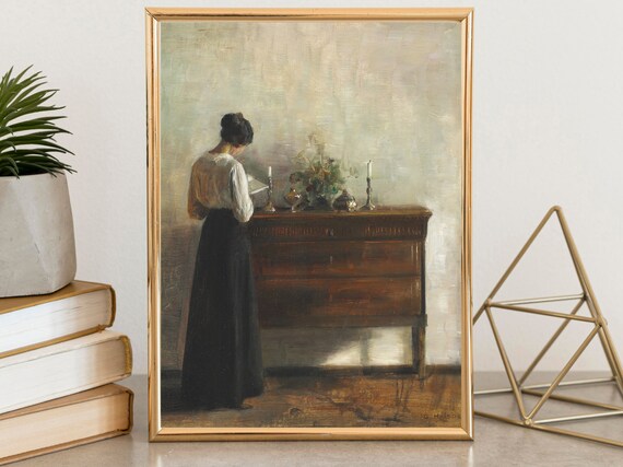 Woman Reading by Candlelight Vintage Interior Moody Art Poster