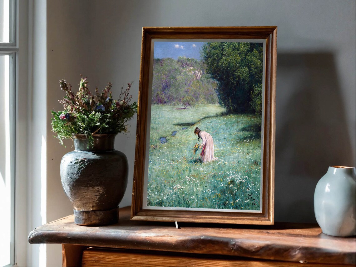 Woman Picking Wildflowers in Meadow Vintage Floral Classic Print - Image 6