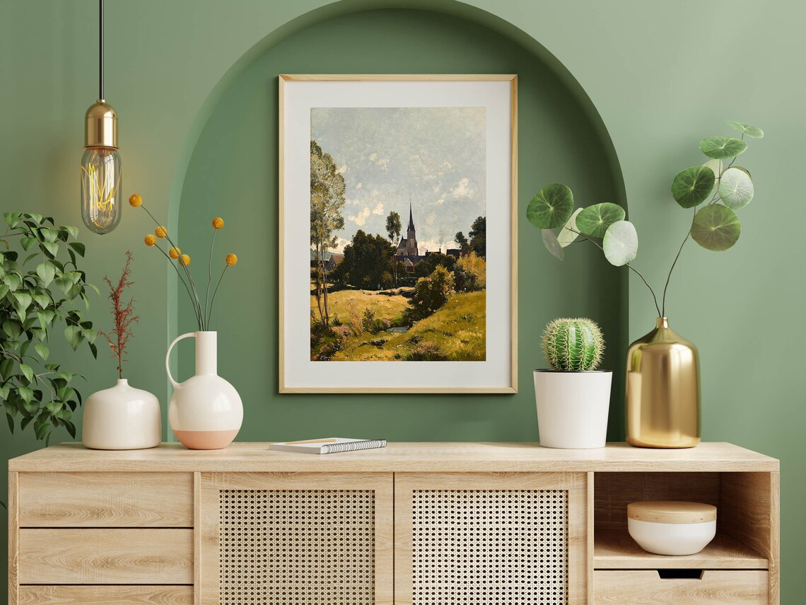 Village Church Spire Rustic Countryside Landscape Vintage Painting Poster - Image 6