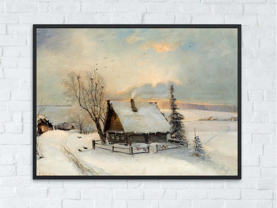 Vintage Winter Landscape Art Print Painting The Beginning Of Spring Winter Art Print Moody Snow Cottage Print