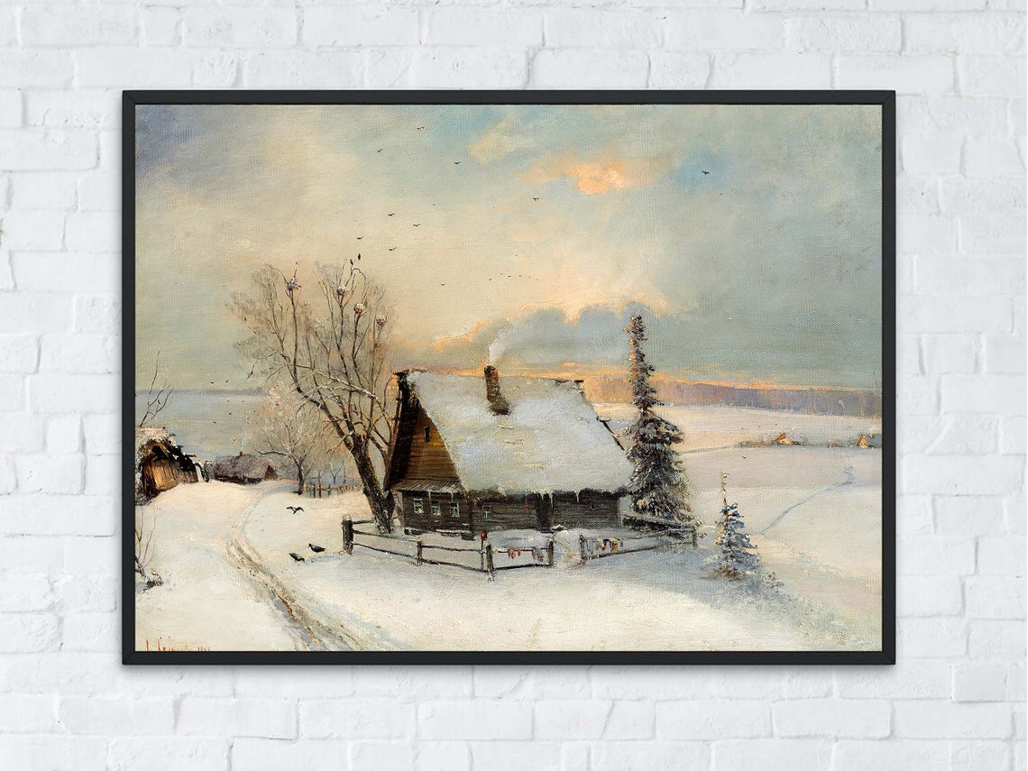 Snow Covered Cottage Winter Landscape Birds at Sunset Poster