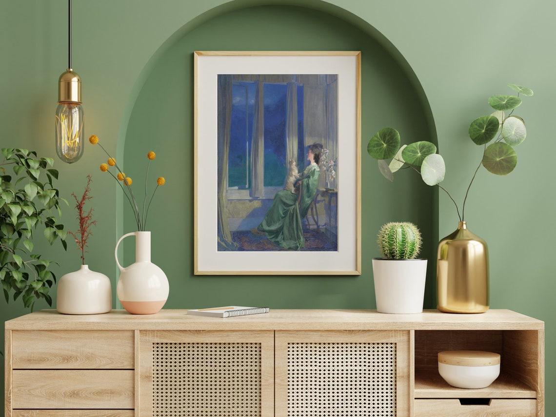 Classic Victorian Blue Evening Woman with Dog by Window Print - Image 7