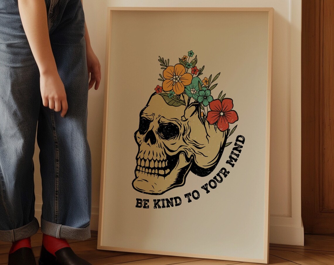 Retro Floral Skull Gothic Halloween Art Print - Image 4