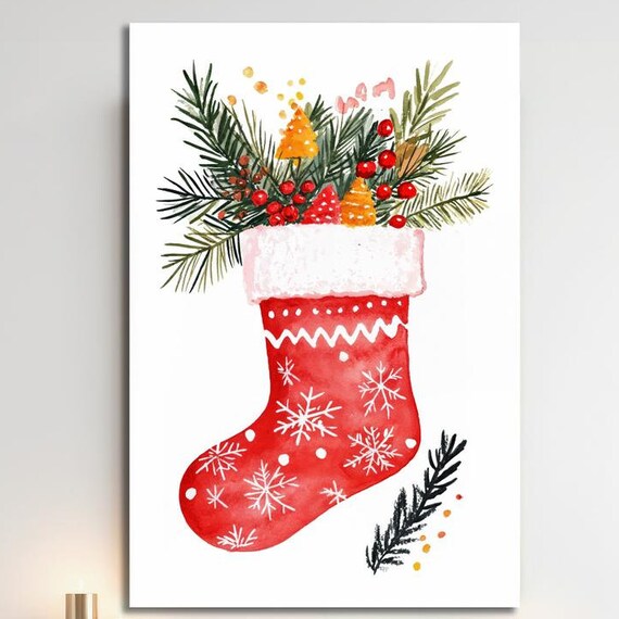 Red Christmas Stocking With Pine Berries Watercolor Wall Art