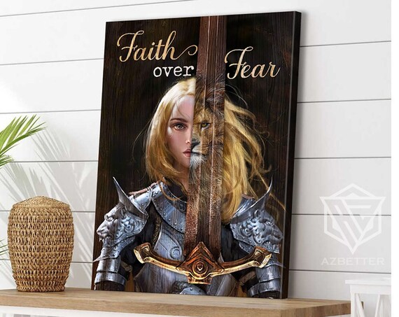 Faith Over Fear Woman Warrior With Lion Sword Christian Faith Poster