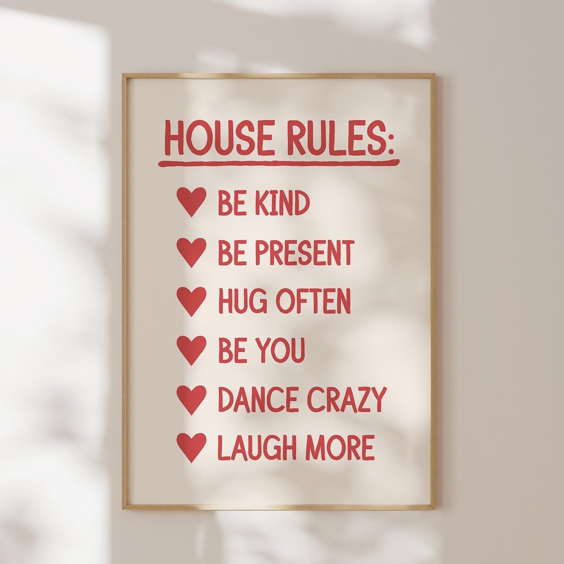 House Rules Be Kind Be Present Red Hearts Family Dorm Quote Poster