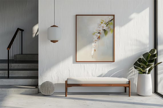 White Floral Spring Wall Art Decor Flower Oil Vintahe Painting Minimalist Botanical Hanging