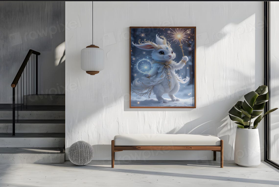 Magical White Rabbit with Sparkler in Starry Snow Night Poster - Image 5