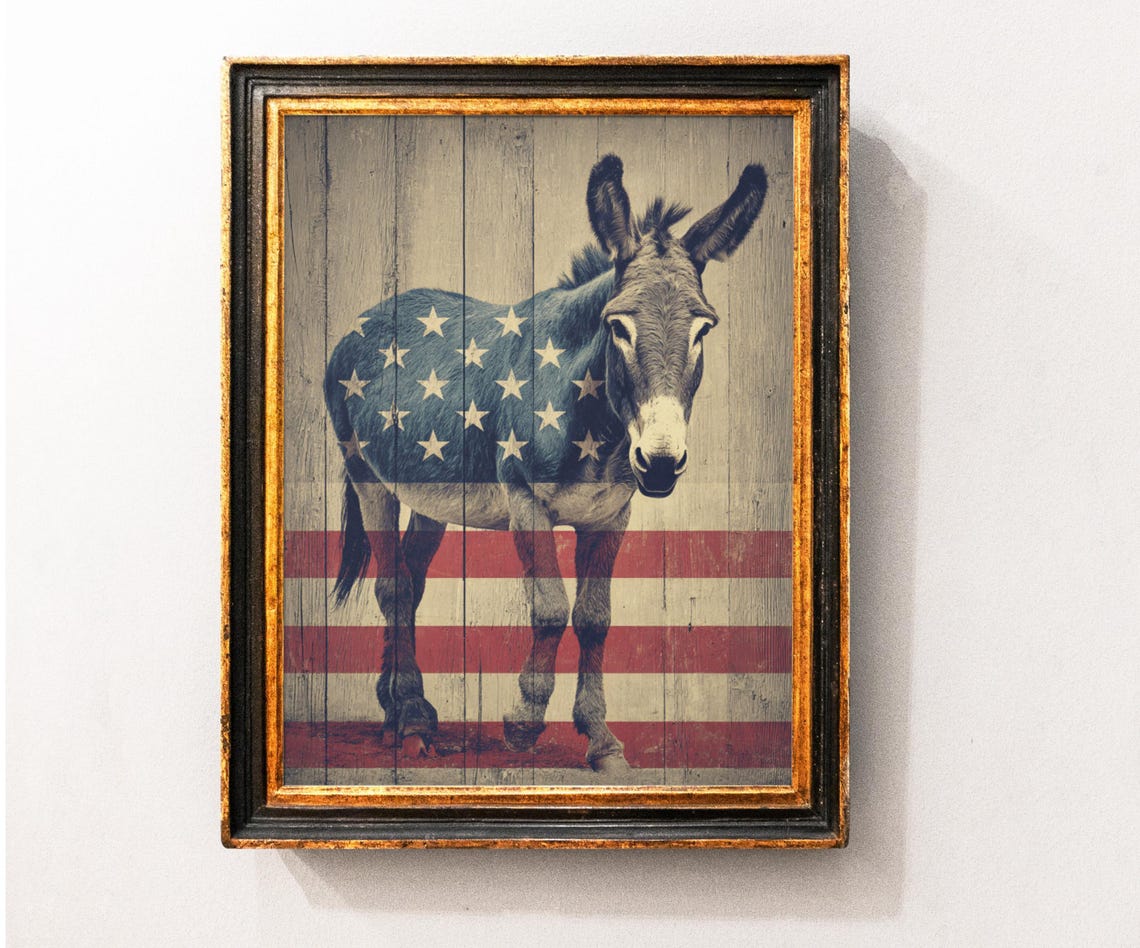 Donkey With American Flag Overlay Vintage Rustic Farmhouse Poster