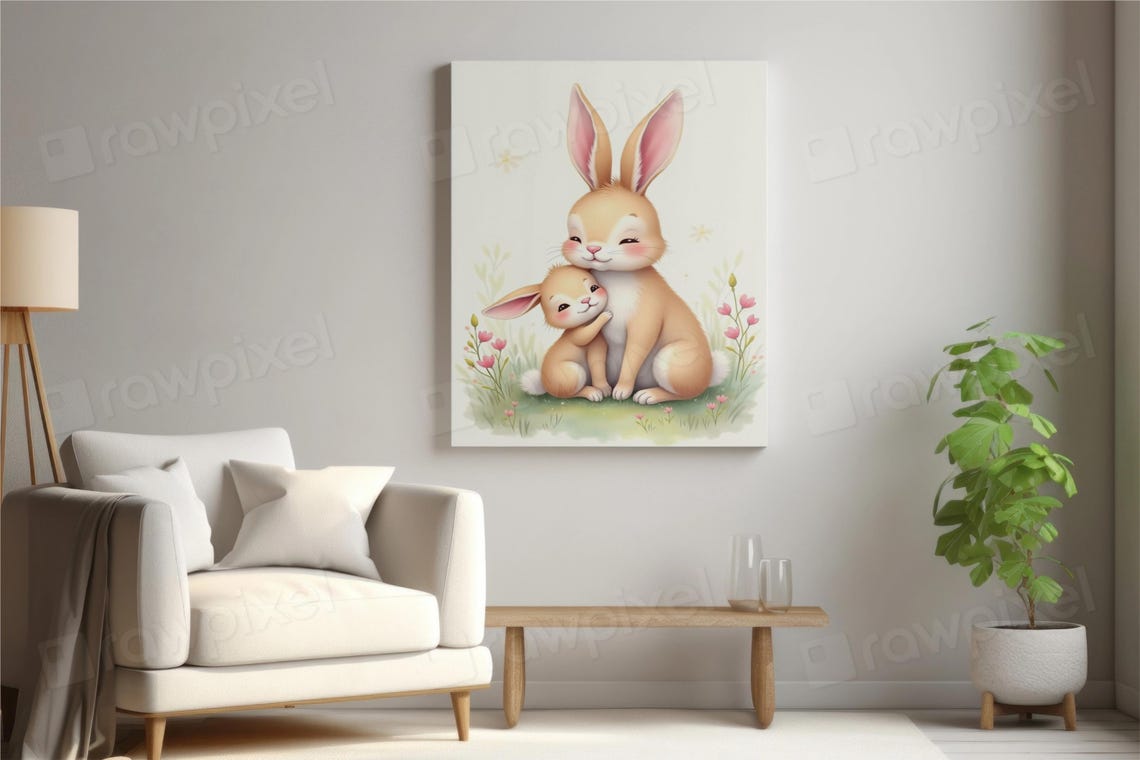 Sweet Mother and Baby Bunny Hugging in a Spring Meadow Poster - Image 6