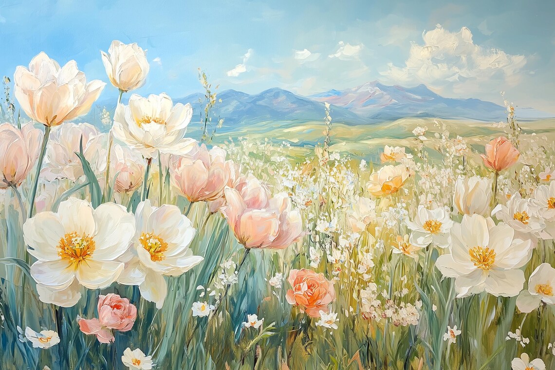Summer Peony Flowers Field, Modern Vintage Art Print