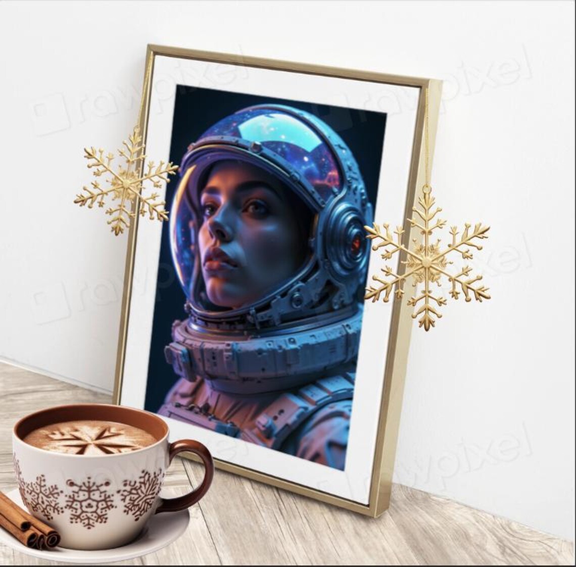 Female Astronaut in Helmet with Galaxy Reflection Portrait Poster - Image 7