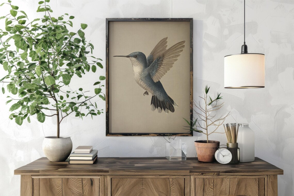 Vintage Hummingbird Neutral Minimal Bird Illustration Art Poster
