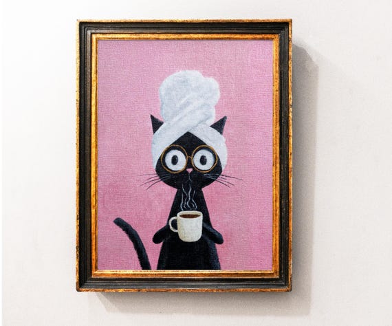 Cute Black Cat Coffe Wall Art Print Funny Kitchen Decor Poster Painting