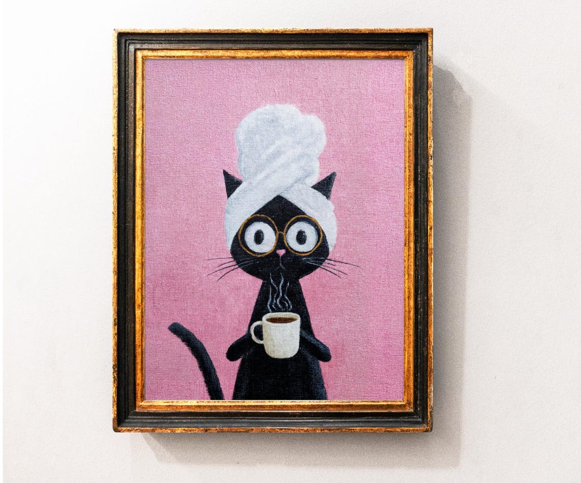 Cute Black Cat Coffe Wall Art Print Funny Kitchen Decor Poster Painting