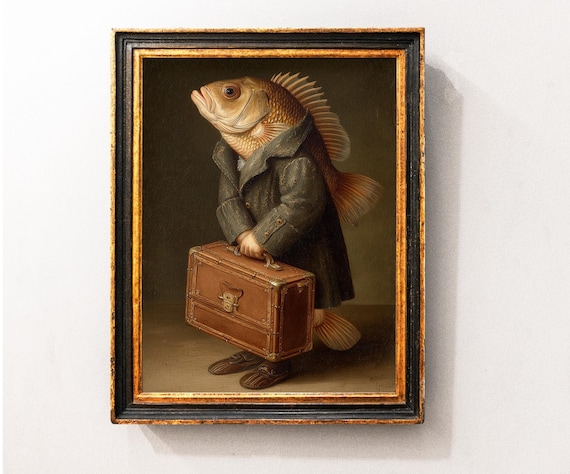 Vintage Fish Art Print Still Life Suitcase Painting Nautical Sea Wall For Coastal Home Restaurant