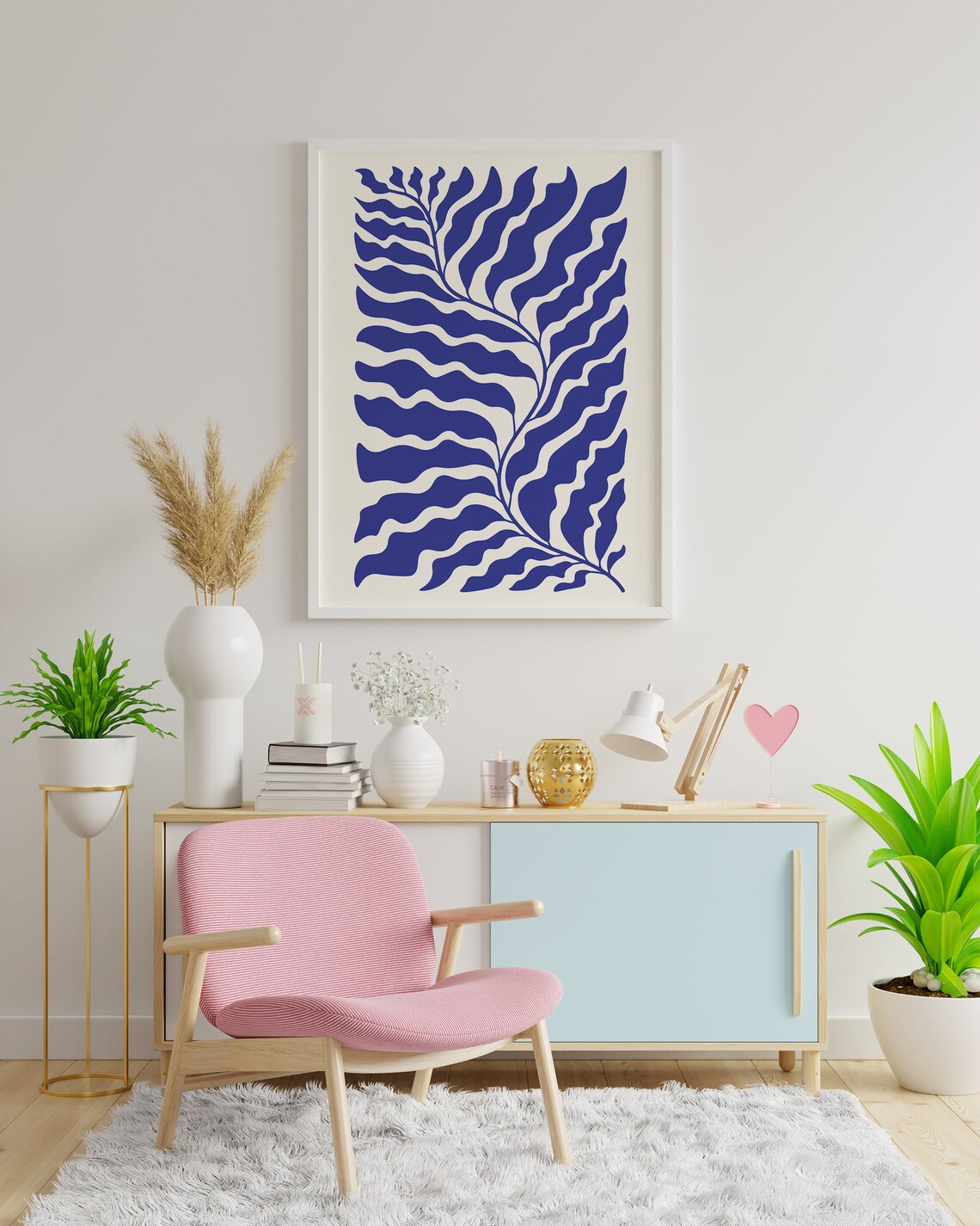 Cobalt Blue Wavy Fern Botanical Abstract Paper Cut Out Art Poster - Image 3
