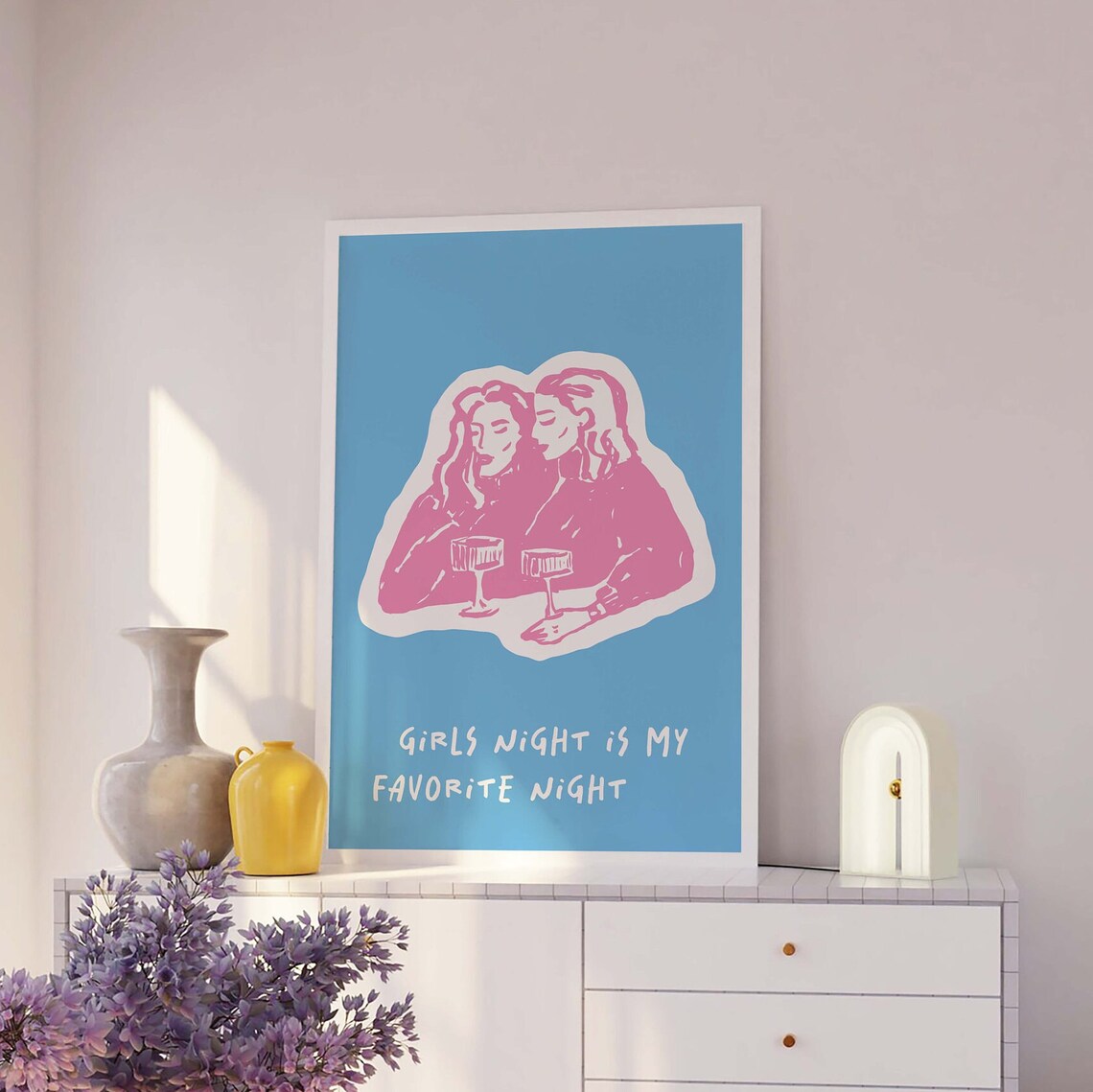 Girls Night Is My Favorite Night Quote Pink Blue Bar Cart Decor Poster - Image 2