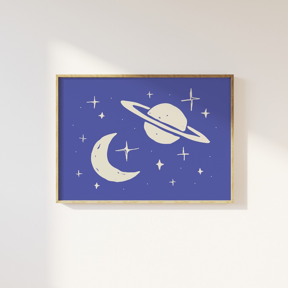 Blue Outer Space Illustration With Saturn Moon And Stars Wall Decor Poster - Image 3