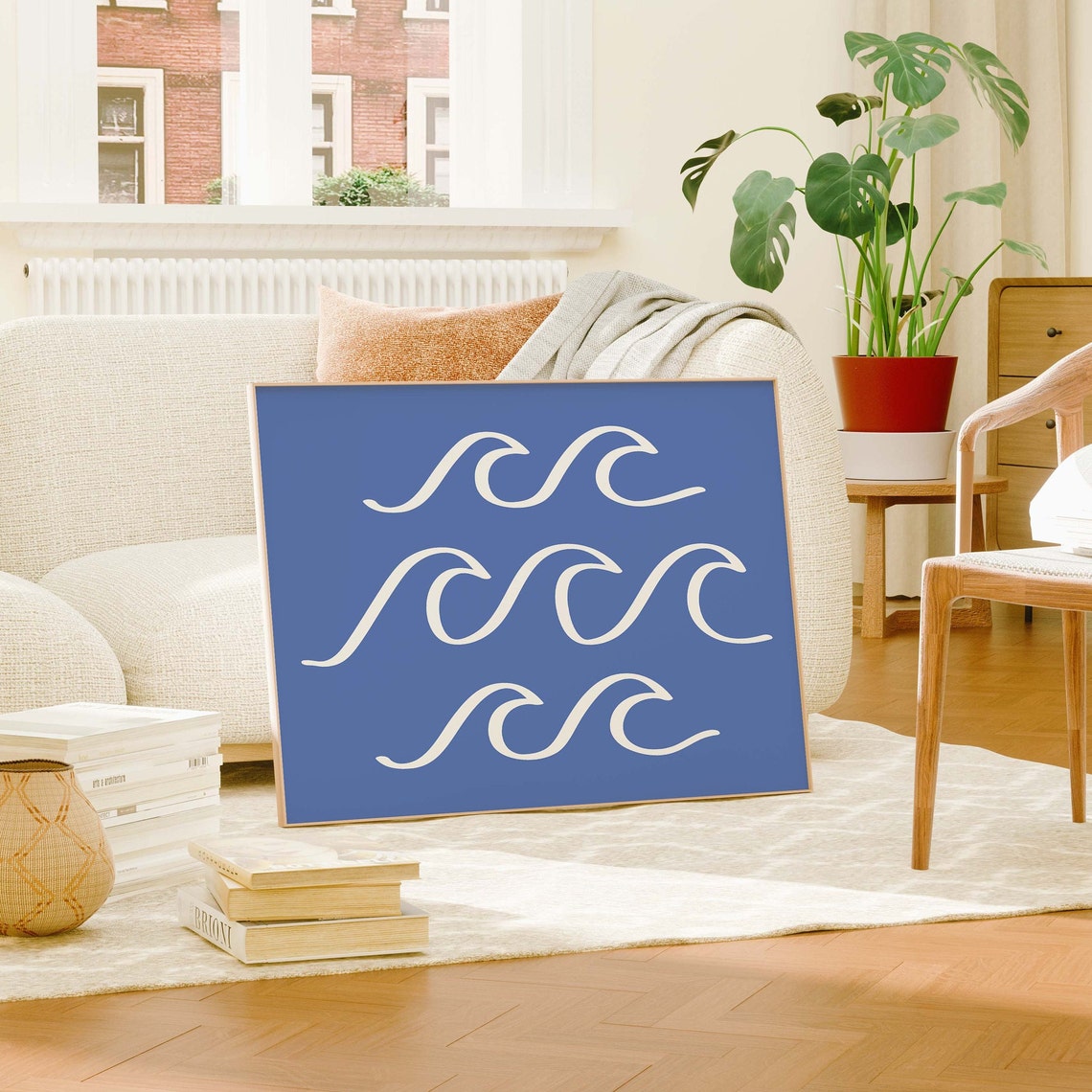 Blue White Abstract Wave Line Squiggle Coastal Poster For Beach House - Image 2