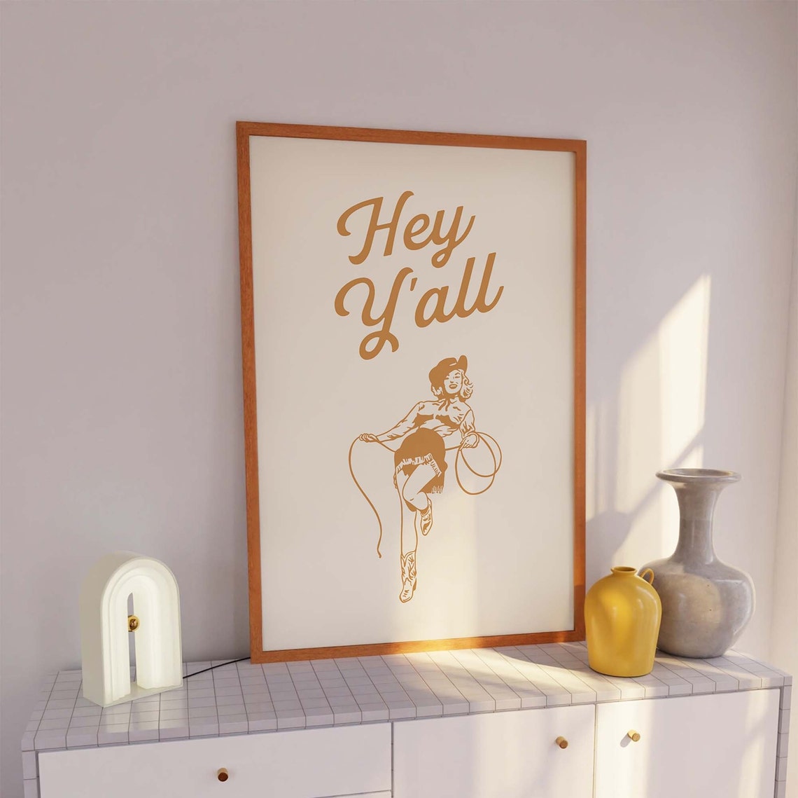 Hey Yall Tan Pinup Cowgirl Lasso Retro Western Script Art Poster - Image 3