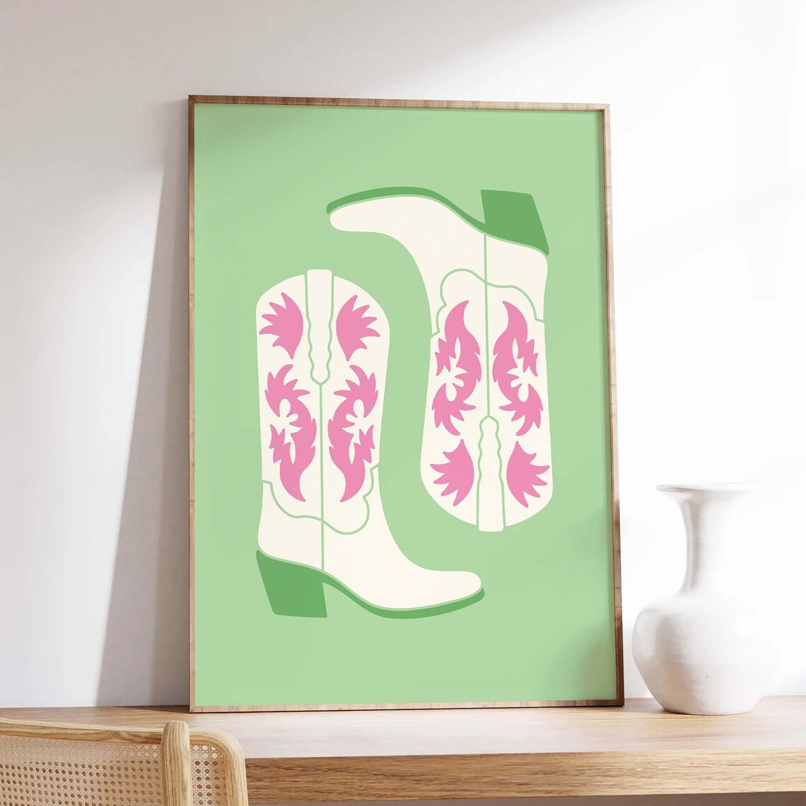 Pink Floral Cowgirl Boots Green Western Retro Cowgirl Poster