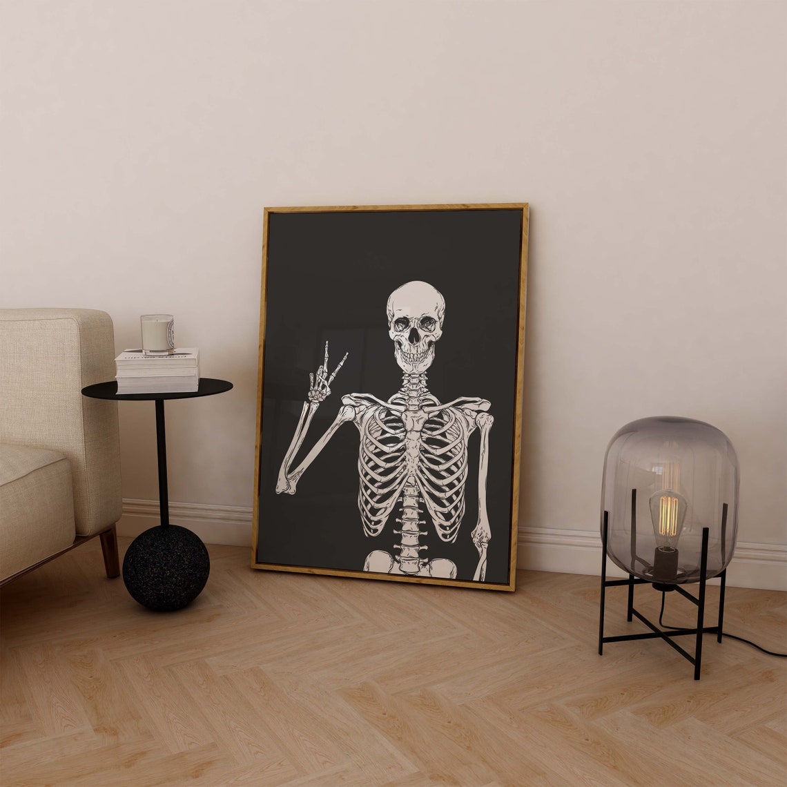 Funny Skeleton Peace Sign Charcoal Gray Background Art Poster - Image 3
