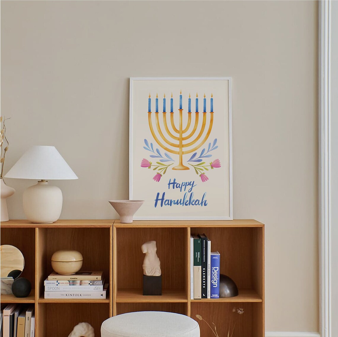 Happy Hanukkah Gold Menorah Blue Candles Floral Holiday Poster - Image 6