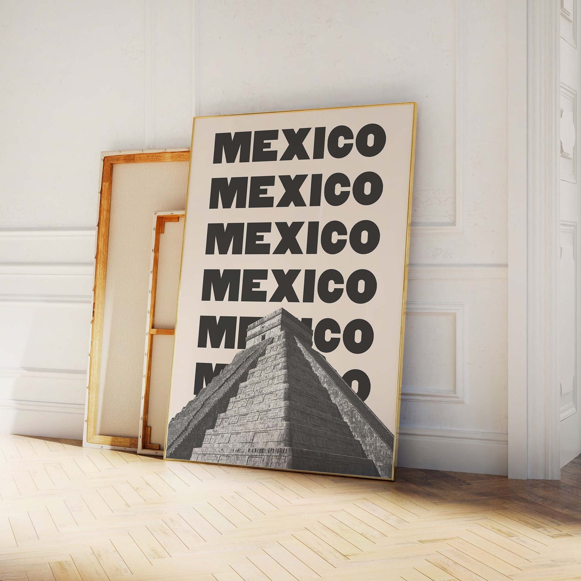 Mexico Repeated Text With Mayan Pyramid Black And White Travel Poster - Image 4