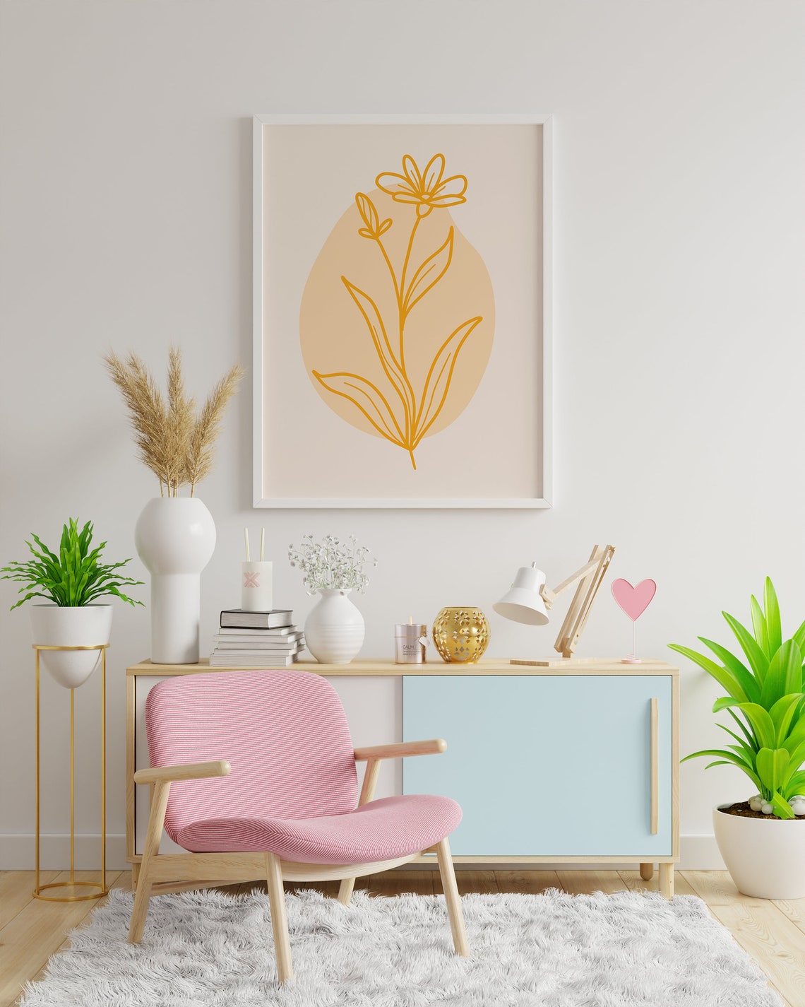 Mustard Daisy Line Art Poster with Golden Bloom and Leaves Drawing - Image 3