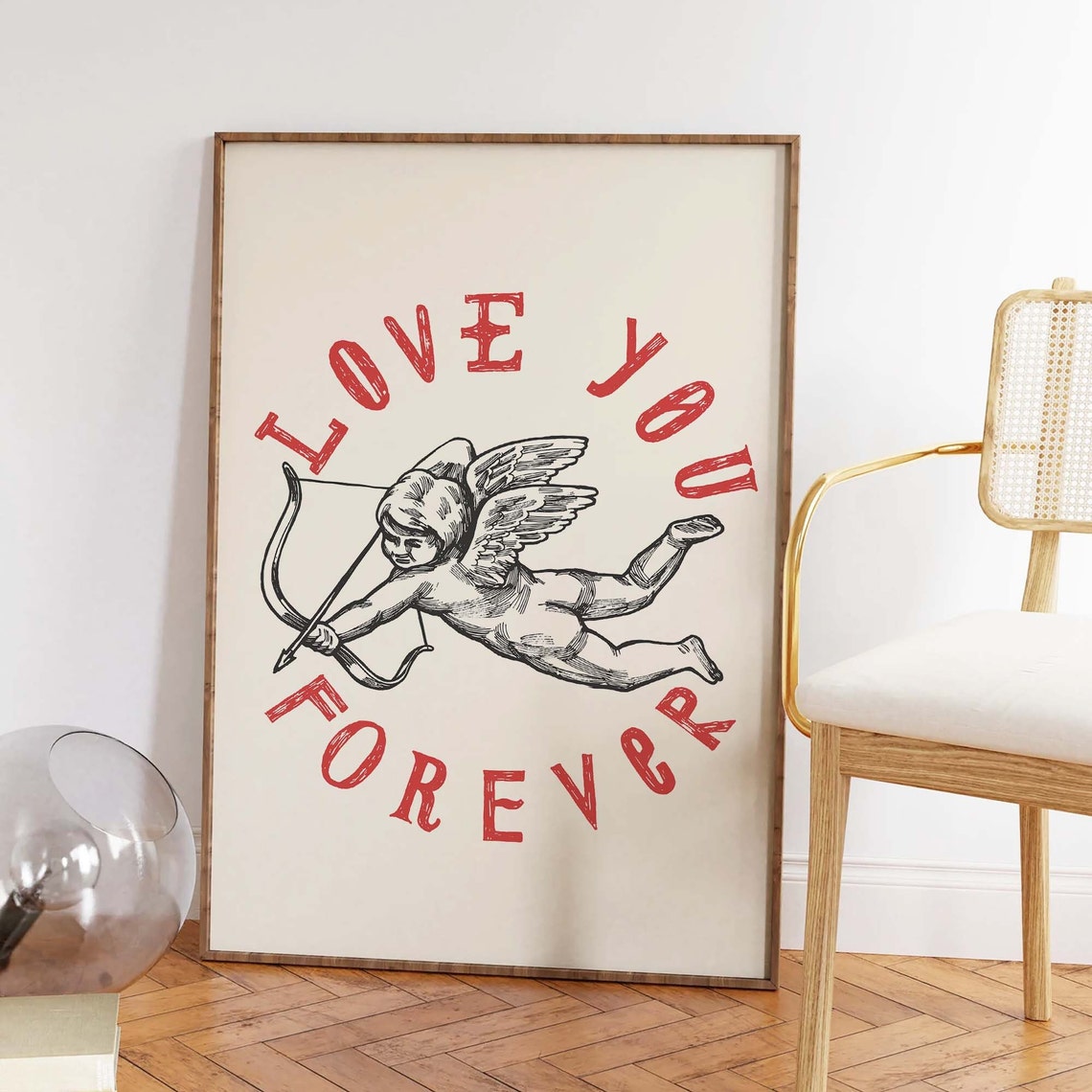 Love You Forever Cupid With Bow Retro Valentine Circle Text Wall Print - Image 3