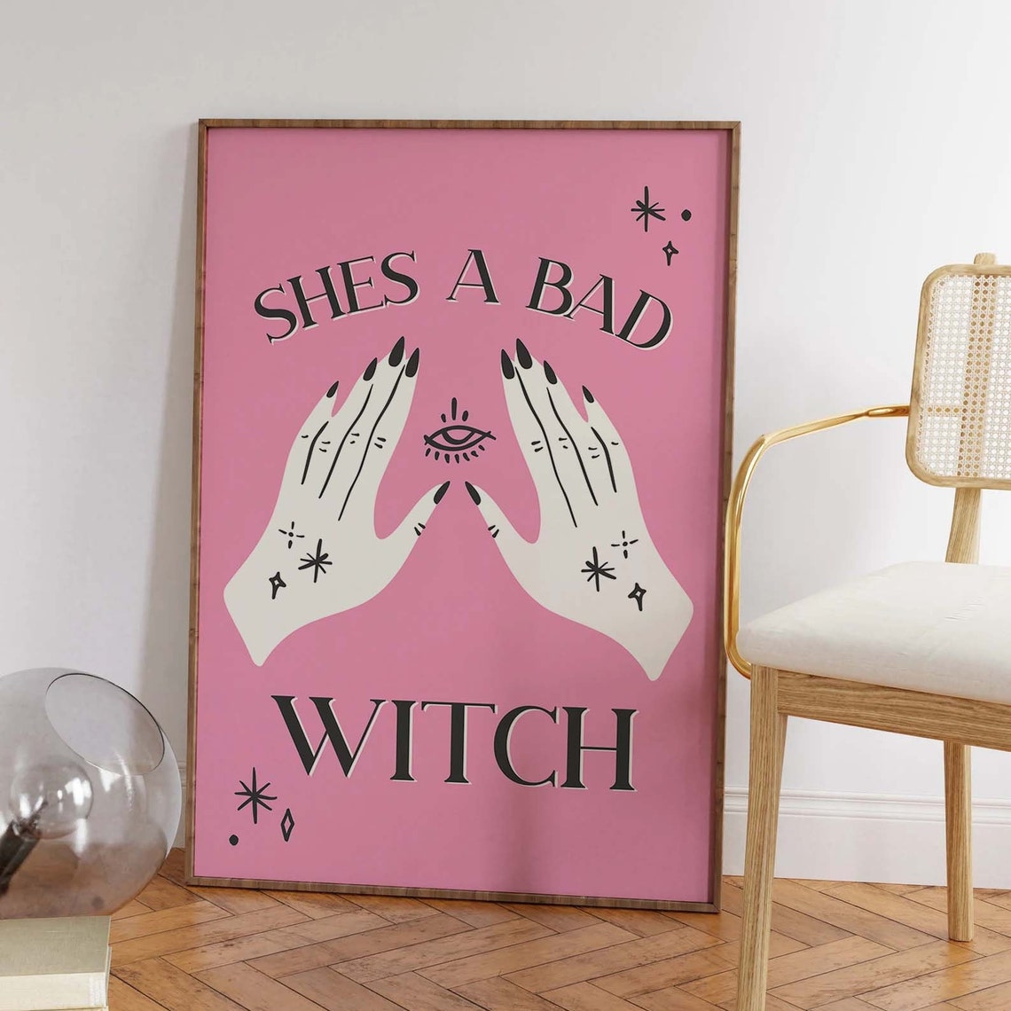 Shes A Bad Witch Hands Evil Eye Black on Pink Gothic Wall Art - Image 5