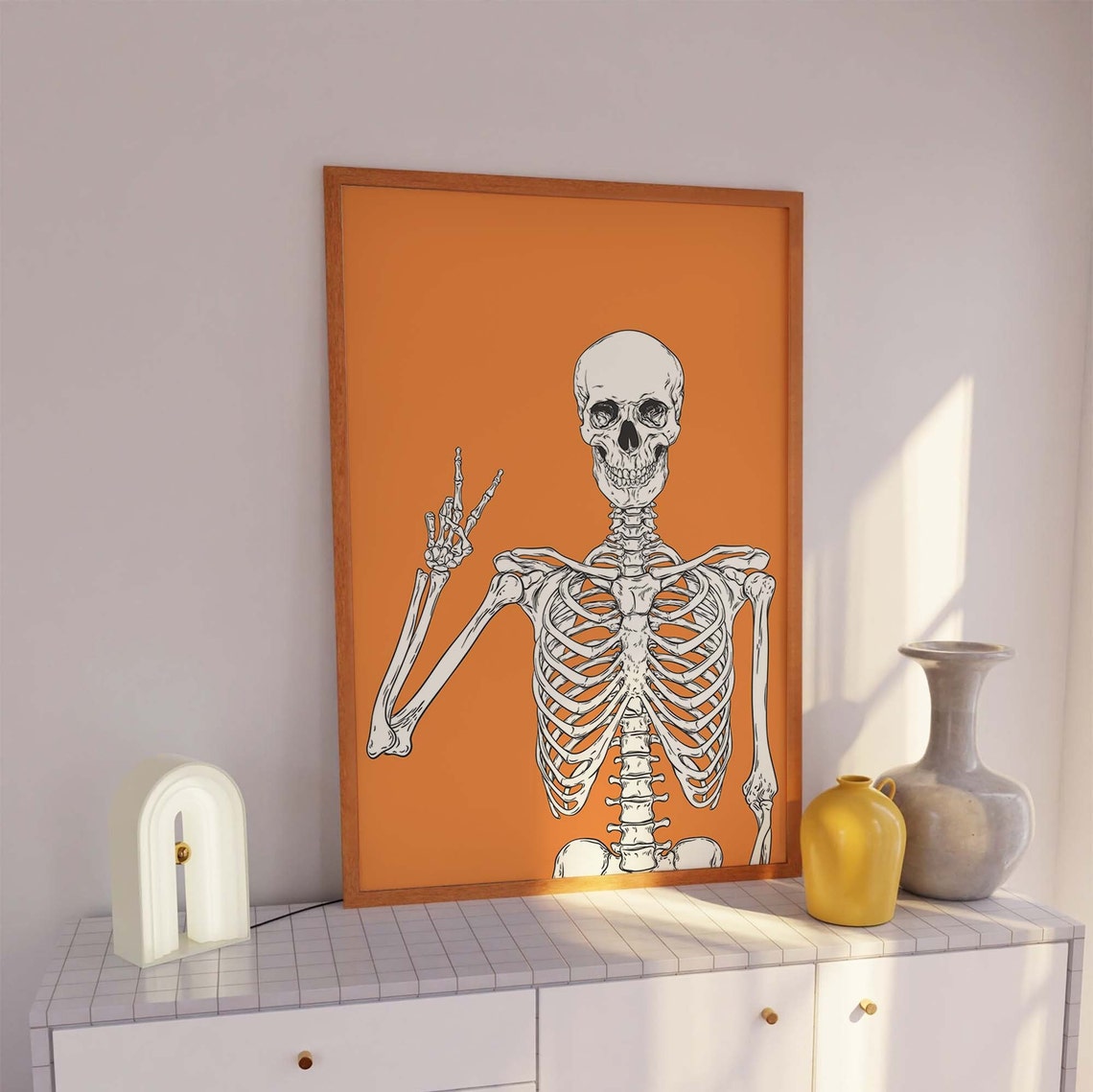 Skeleton Print Art Cute Orange Halloween Wall Decor Trendy Halloween Wall Art Spooky Season Poster - Image 3