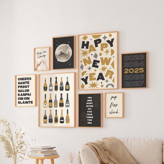 New Years Eve Gallery Wall Art 10 Printables Black And Gold New Years Prints Cute Holiday Wall Decorations