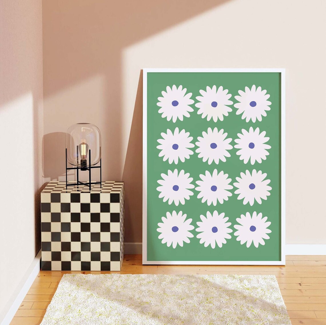 White Daisy Grid Fresh Green Background Retro Floral Art Poster - Image 6