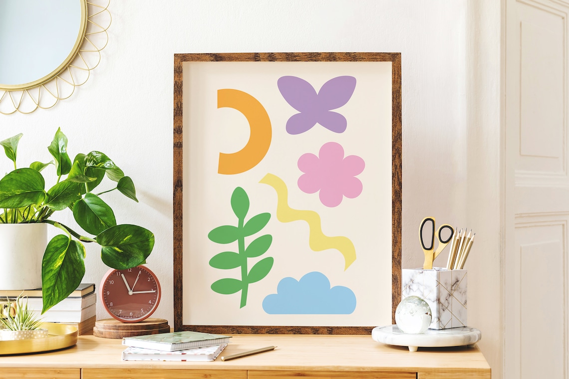 Colorful Abstract Shapes Collage Poster with Butterfly and Cloud Art - Image 4