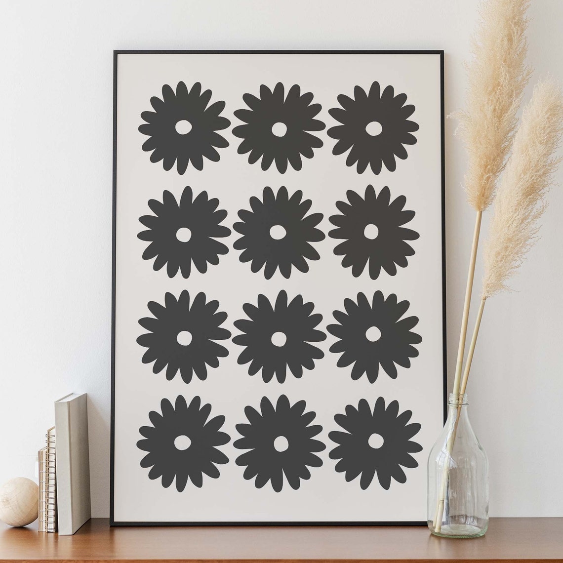 White Daisy Flower Grid Black Background Botanical Minimal Poster - Image 6