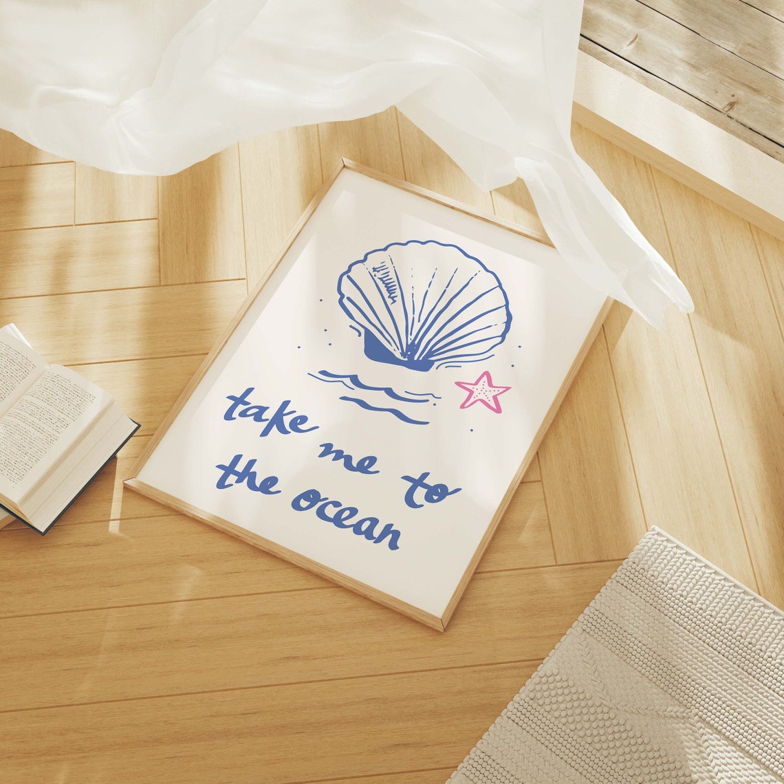 Take Me To The Ocean Quote Blue Shell Pink Starfish Beach Poster - Image 2
