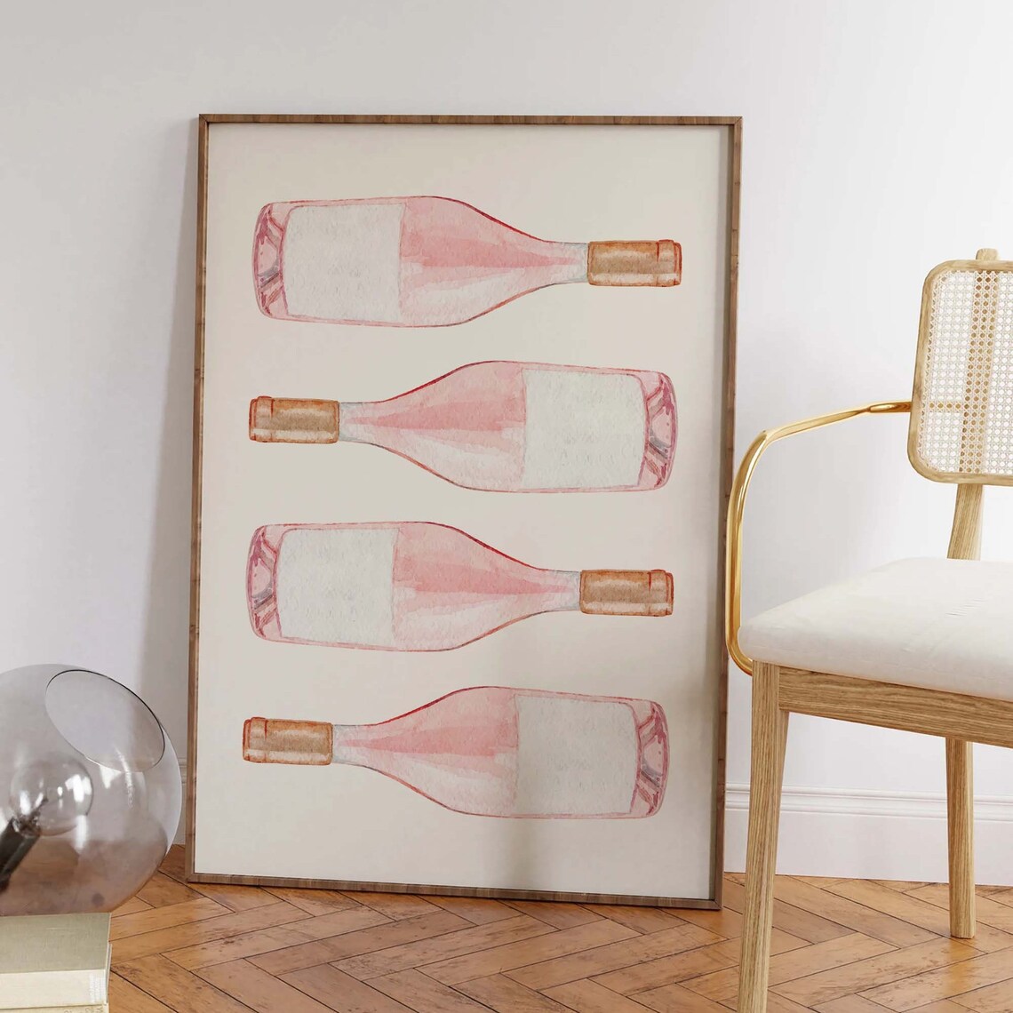 Pink Rose Wine Bottles Watercolor Kitchen Bar Cart Art Poster - Image 3