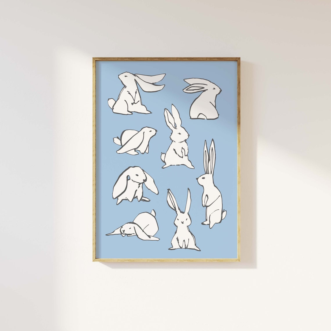 Bunny Sketches Blue Background Minimal Ink Rabbit Art Poster - Image 3