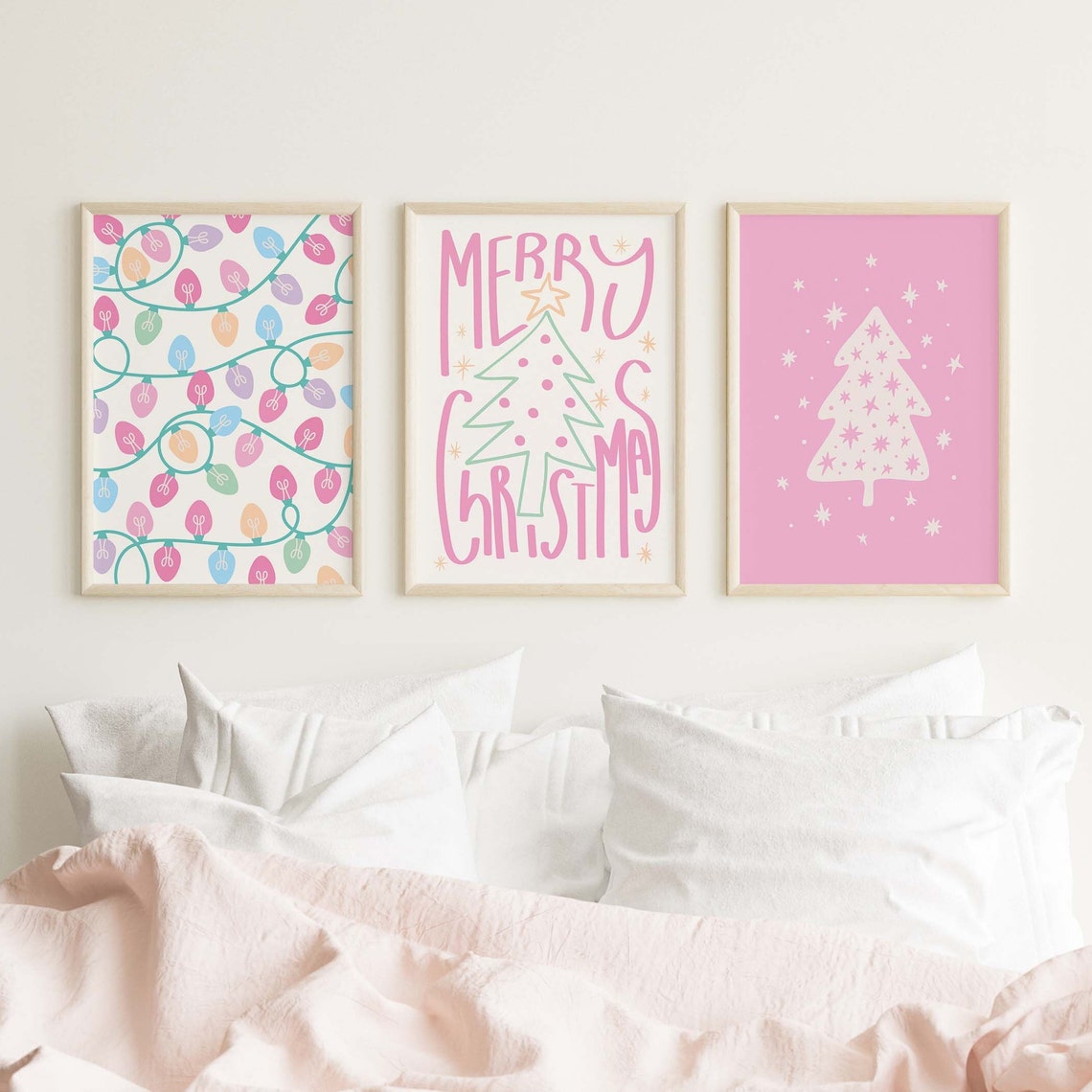 Pastel Pink Christmas Gallery Wall Set 8 Holiday Poster Collection - Image 3
