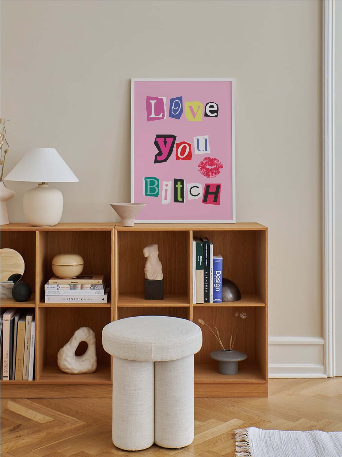 Love You Bitch Ransom Note Letters Lipstick Kiss Pink Wall Art - Image 4