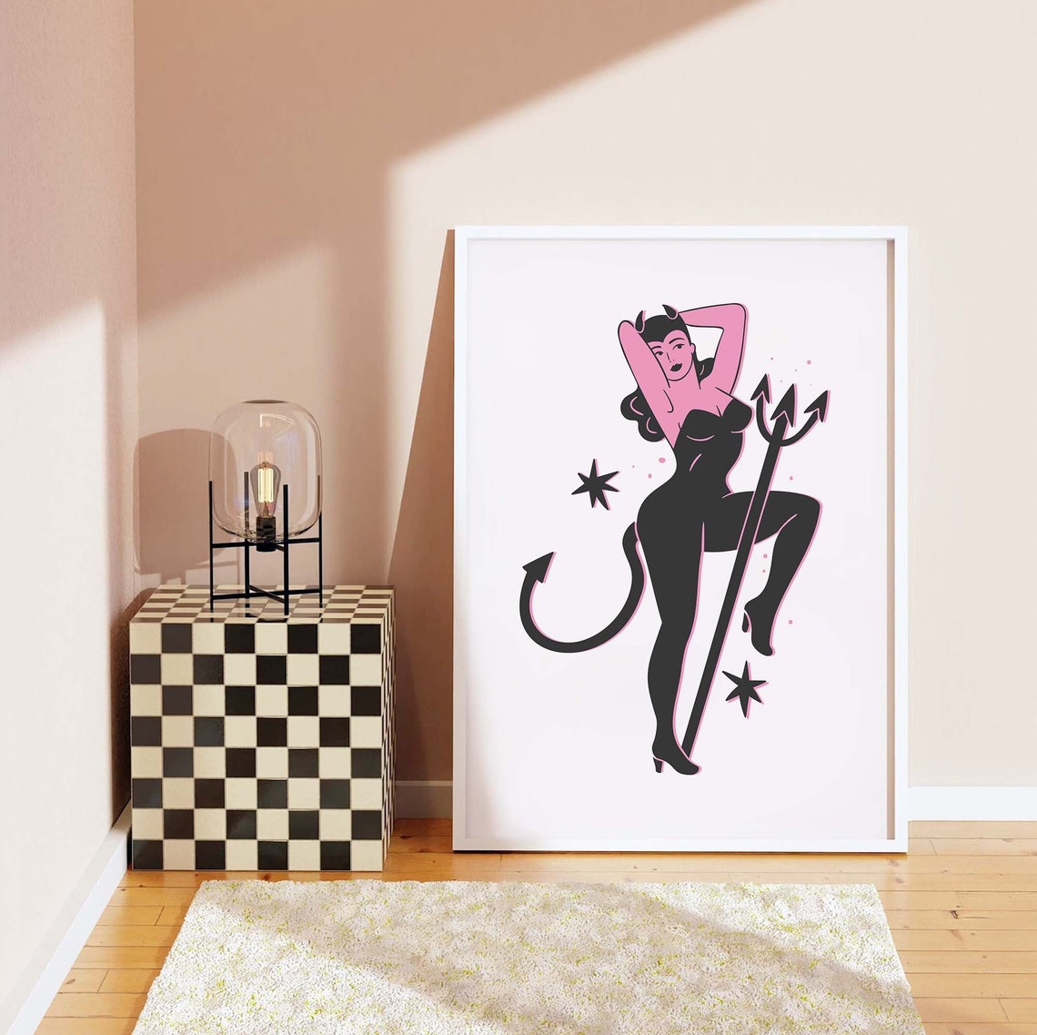 Pin Up Devil Girl Trident White Cute Retro Halloween Art Poster - Image 3