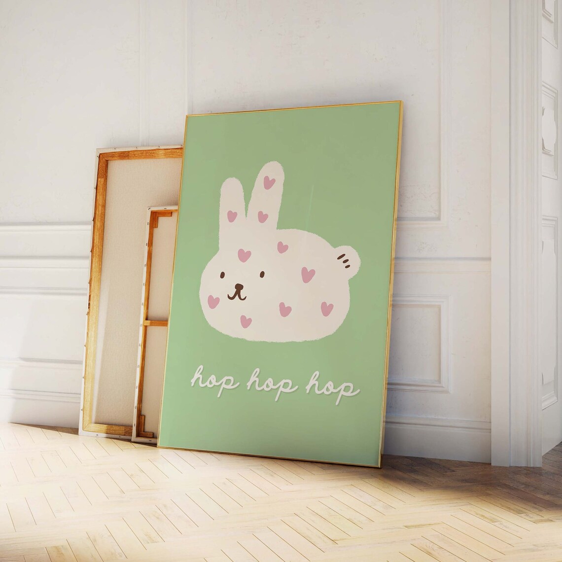 Cute Heart Spotted Bunny Hop Hop Hop Green Kids Quote Poster - Image 3
