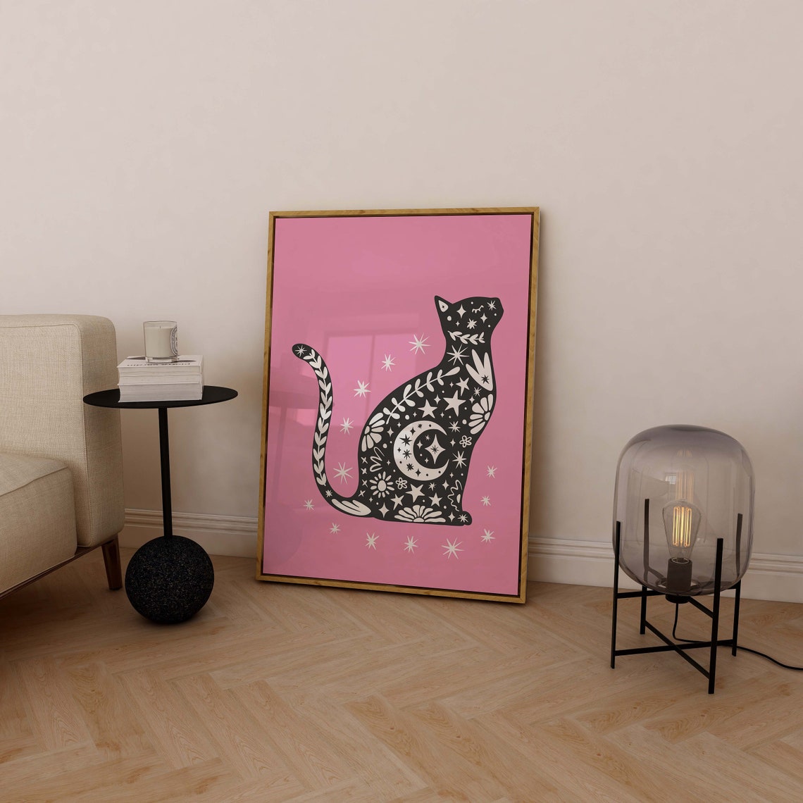 Black Celestial Cat Pink Background Halloween Spooky Cute Poster - Image 5