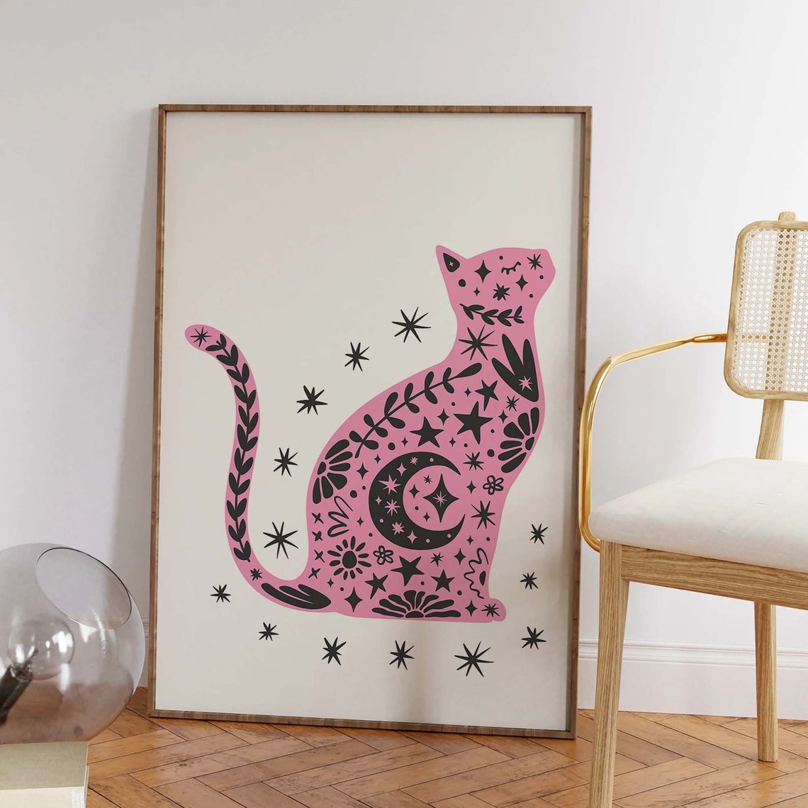 Pink Celestial Cat Stars Moon Halloween Spooky Cute Wall Poster - Image 6