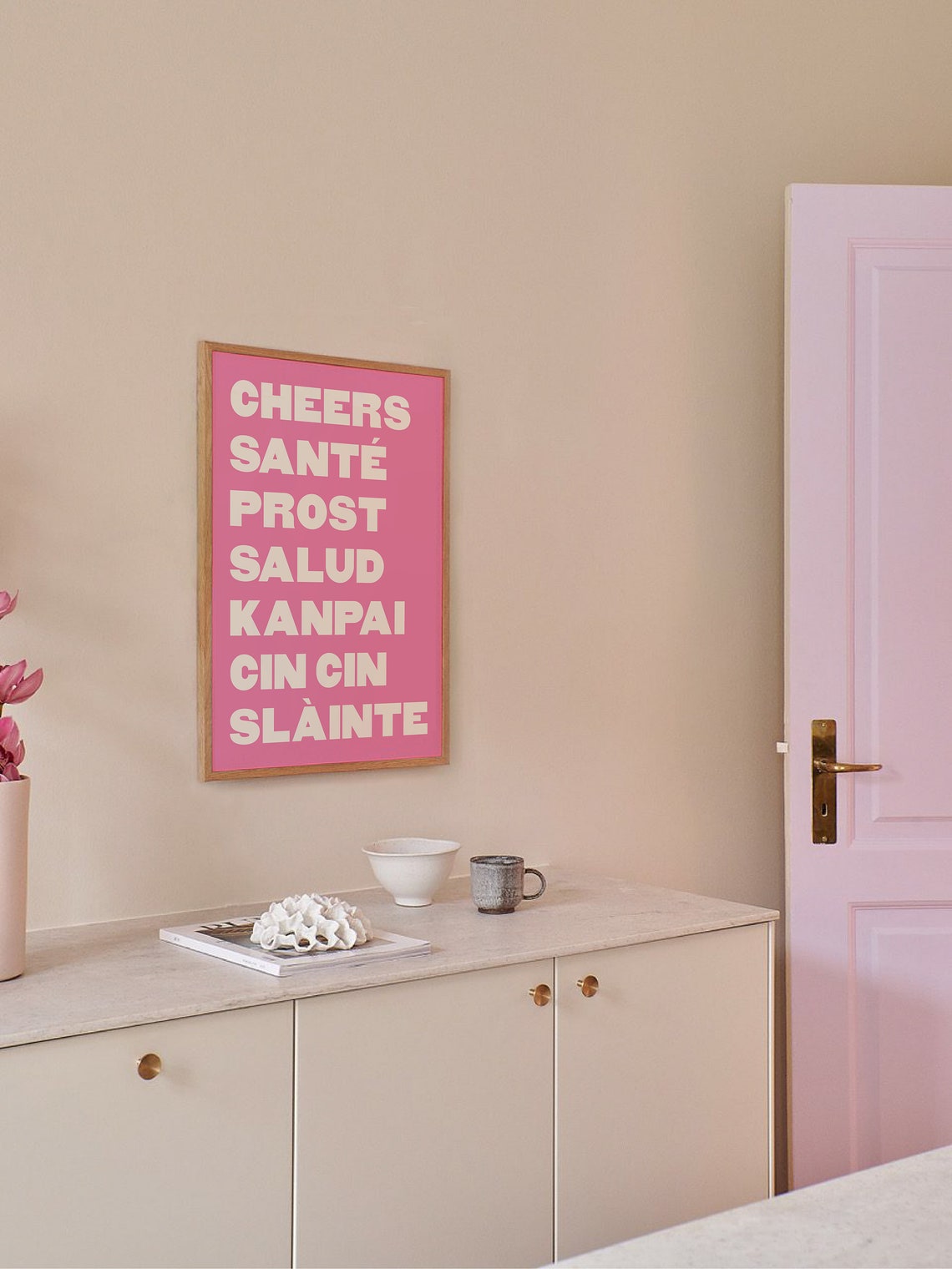 Cheers In Seven Languages Pink White Typography Bar Wall Poster - Image 3