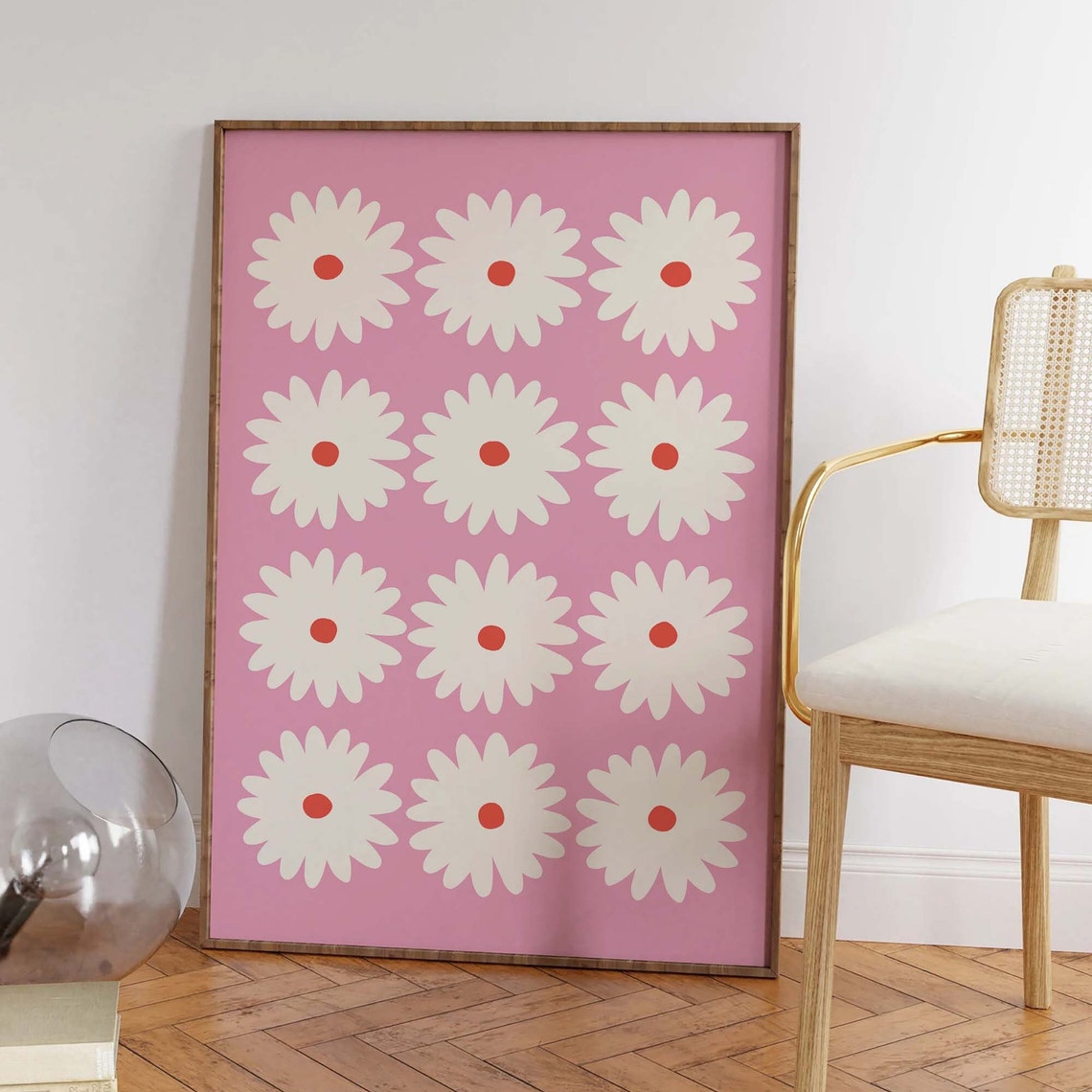 White Daisy Grid Soft Pink Background Retro Floral Art Poster - Image 5