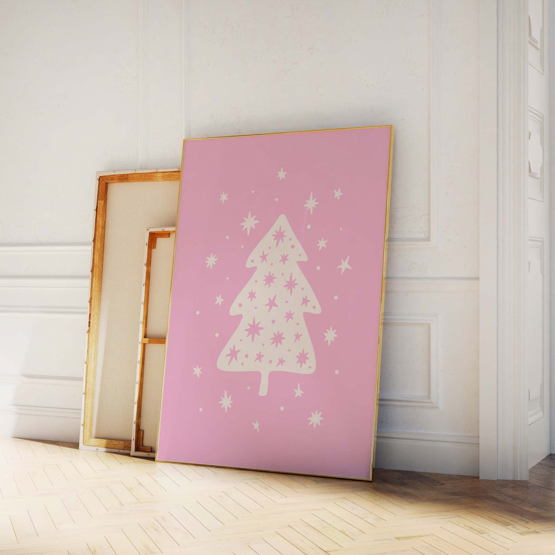 White Christmas Tree on Pink Starry Retro Holiday Cute Poster - Image 3